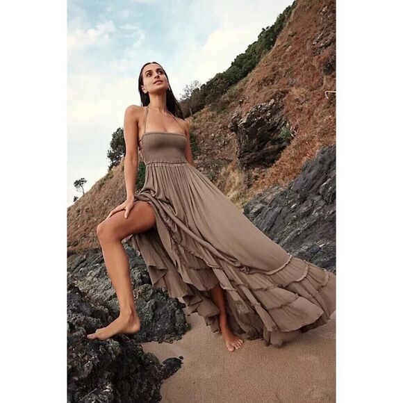 Free People Smocked Maxi Dress XL Olive Khaki Boho Gauze Summer Beach Vacation - Picture 12 of 12